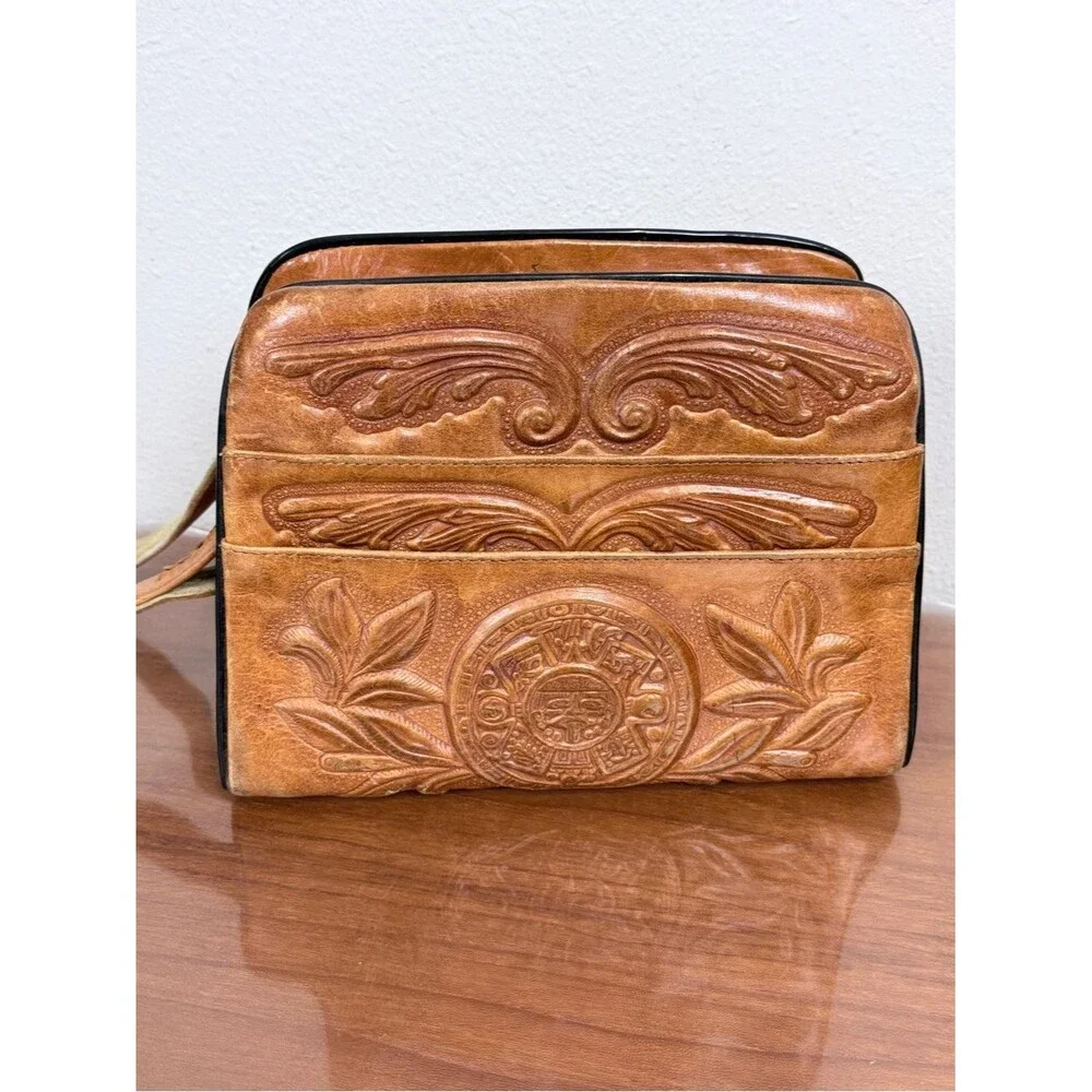 Vintage Tooled Tan Leather Shoulder Bag Boho